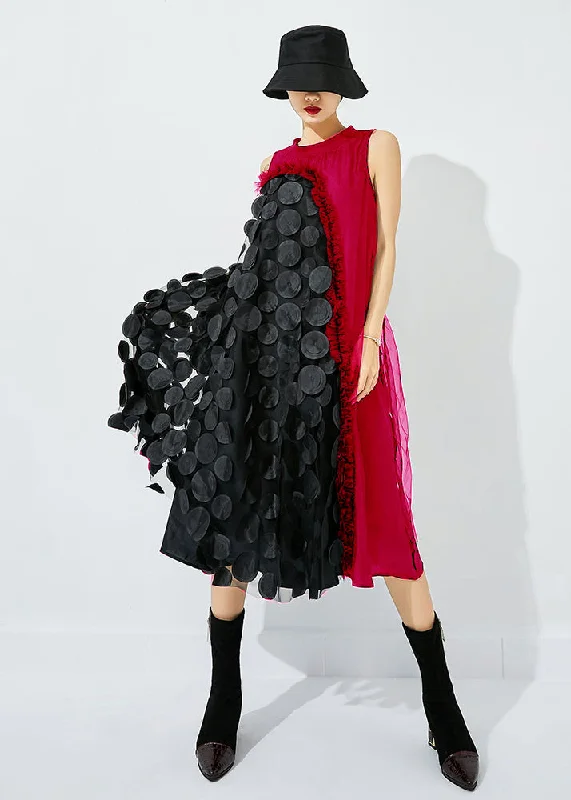 bohemian maxi dressesBohemian Red-Black Dot Asymmetrical Patchwork Wrinkled Tulle Maxi Dress Sleeveless