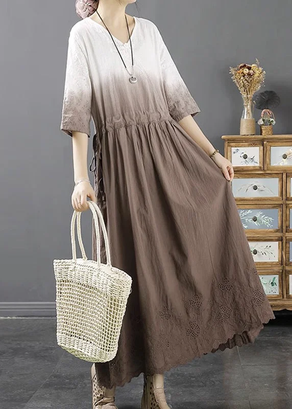 maxi dresses for maternity wearLoose Light Coffee Patchwork Drawstring Maxi Dresses Bracelet Sleeve