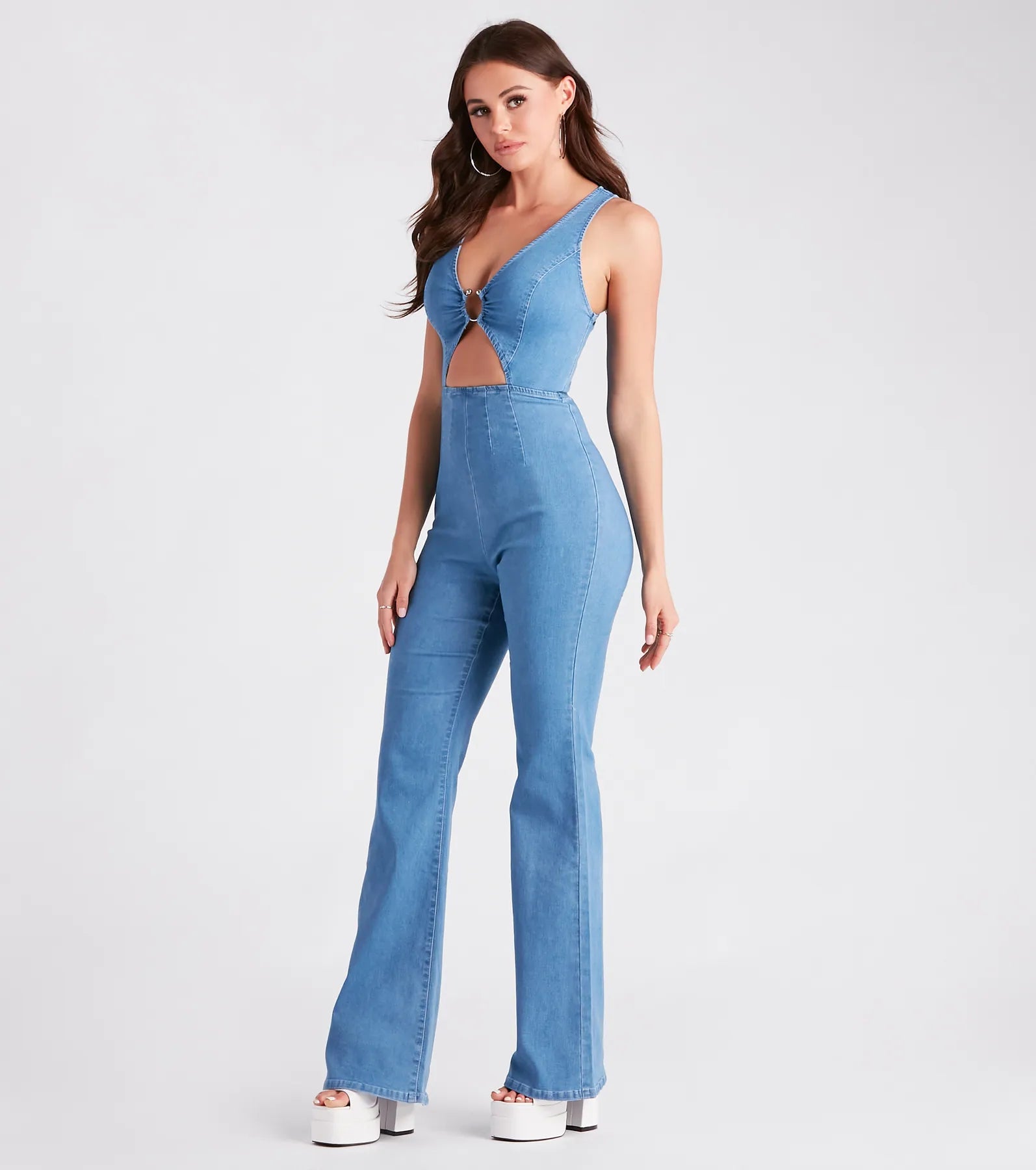 women's casual jumpsuitsRetro Fab Flare-Leg Denim Jumpsuit