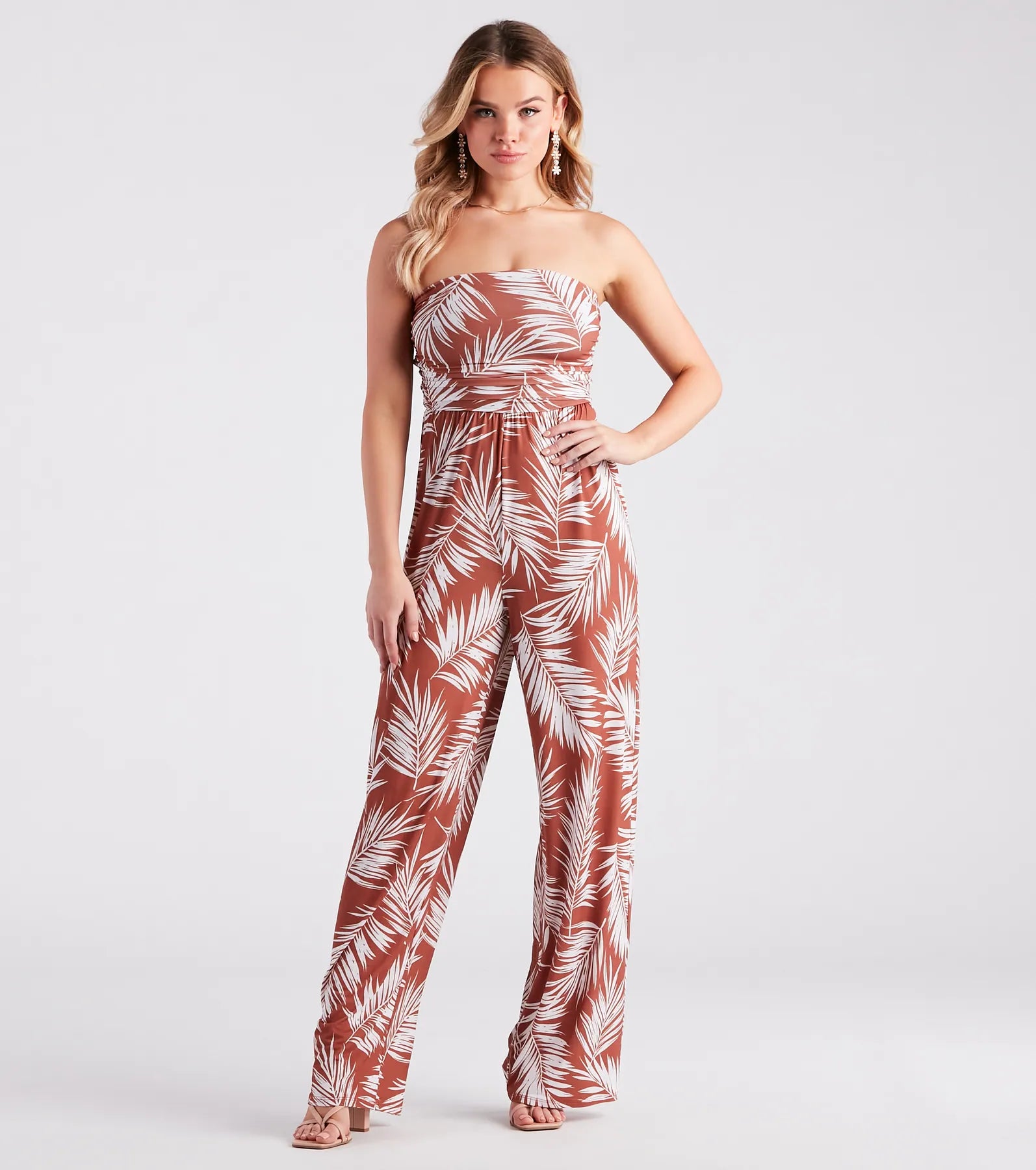 women's vintage jumpsuitsSunset Cruise Tropical Print Strapless Jumpsuit