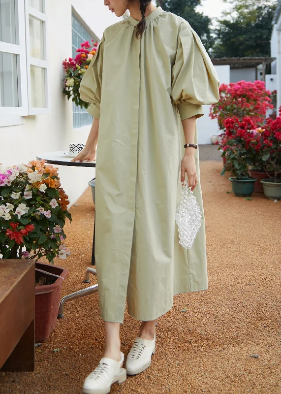 maxi dresses for black-tie eventsUnique Light Green Stand Collar Solid Cotton Maxi Dress Fall