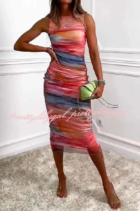 tween midi dressesLocking Eyes Mesh Tie-dye Print Ruched Midi Dress