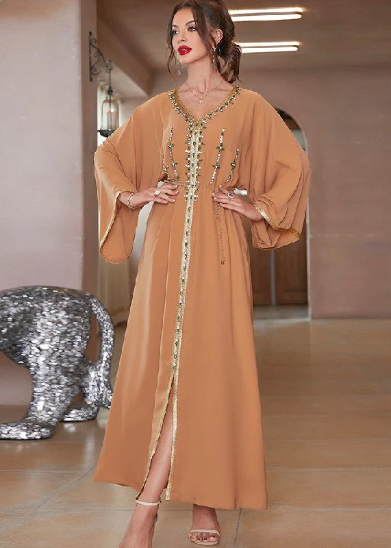 maxi dresses for curvesStyle Orange V Neck Zircon Patchwork Tie Waist Chiffon Maxi Dress Fall