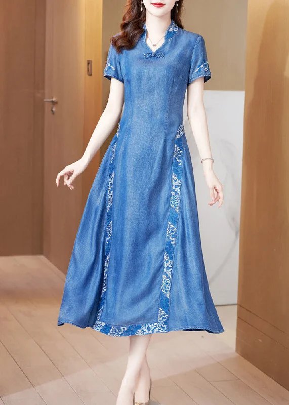 maxi dresses with keyhole backsBohemian Blue Stand Collar Embroideried Butto Silk Denim Maxi Dresses Short Sleeve