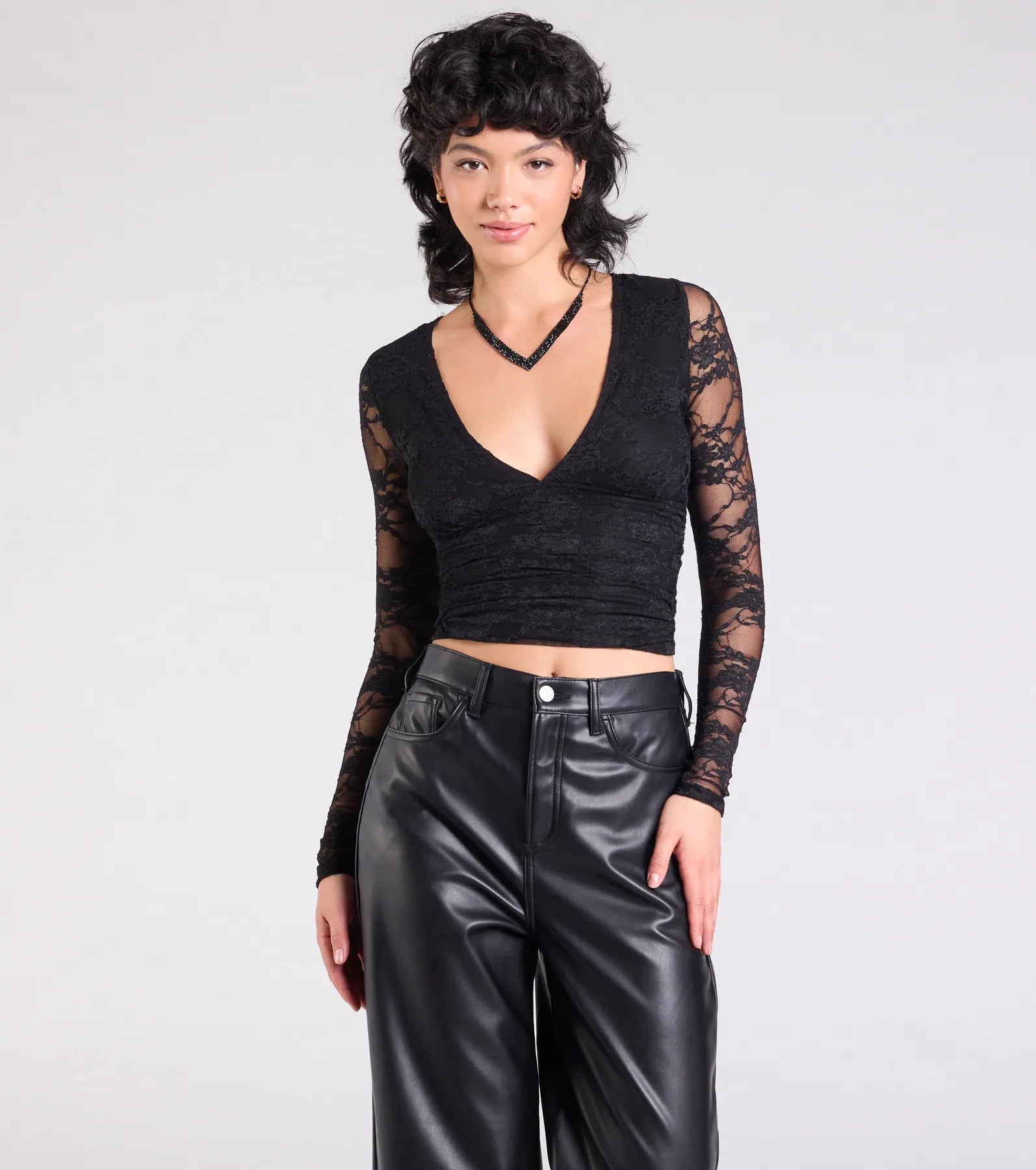 women's tops with lace-up frontsSultry And Chic Sheer Lace Long Sleeve Top