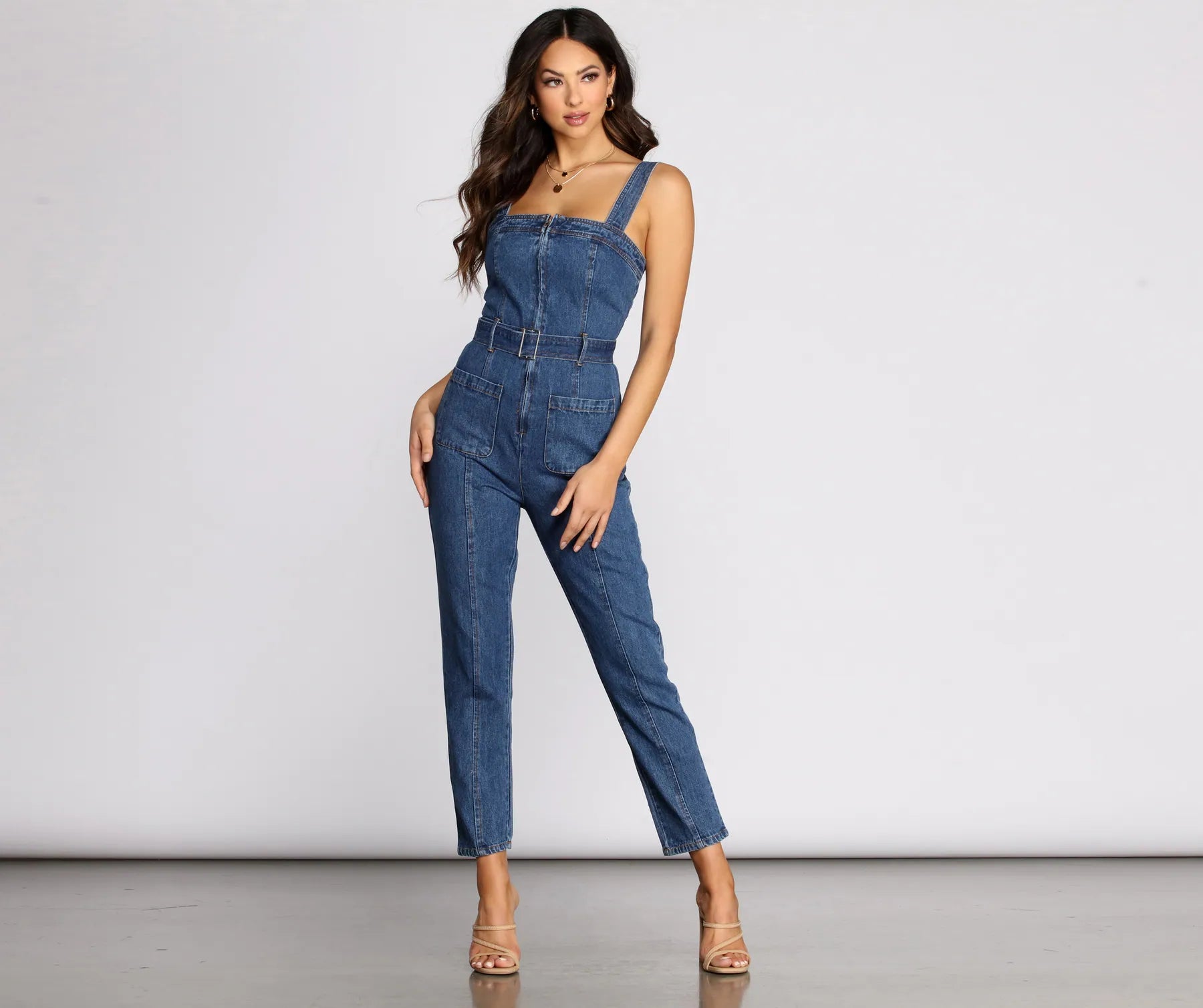 women's jumpsuits with flutter sleevesBusy Babe Zip Front Denim Jumpsuit