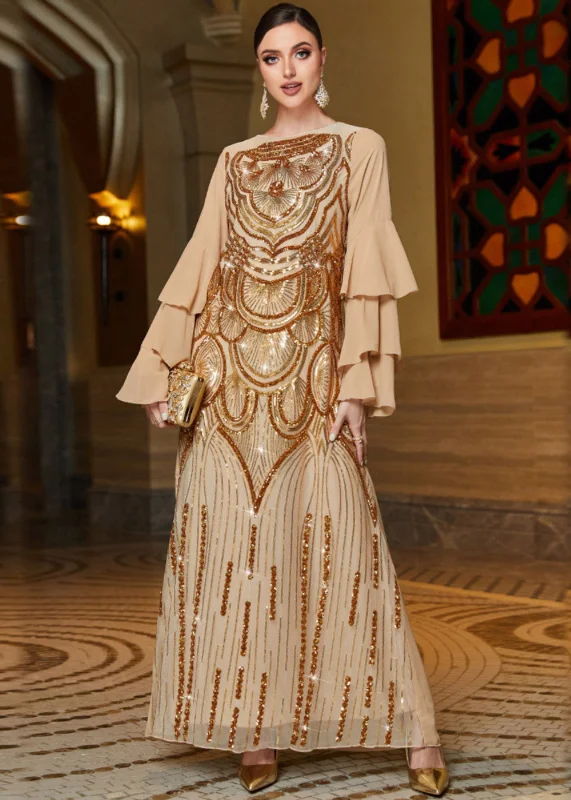 maxi dresses with cinched waistsFrench Gold Embroideried Sequins Chiffon Maxi Dresses Butterfly Sleeve