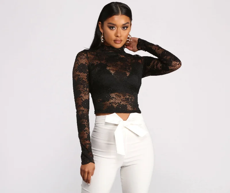 women's tops for those who want to add a pop of color to their outfitsMock Neck Long Sleeve Floral Lace Top