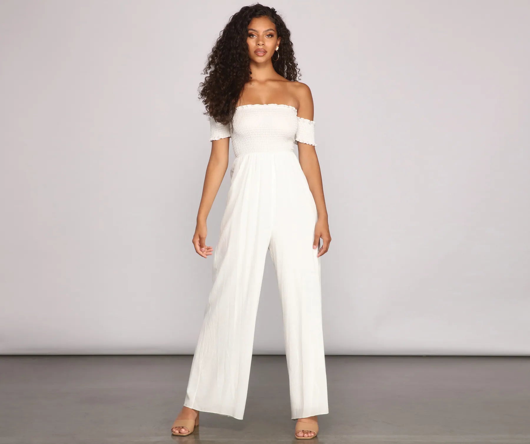 women's jumpsuits with Peter Pan collarsVacay Bound Off The Shoulder Smocked Jumpsuit