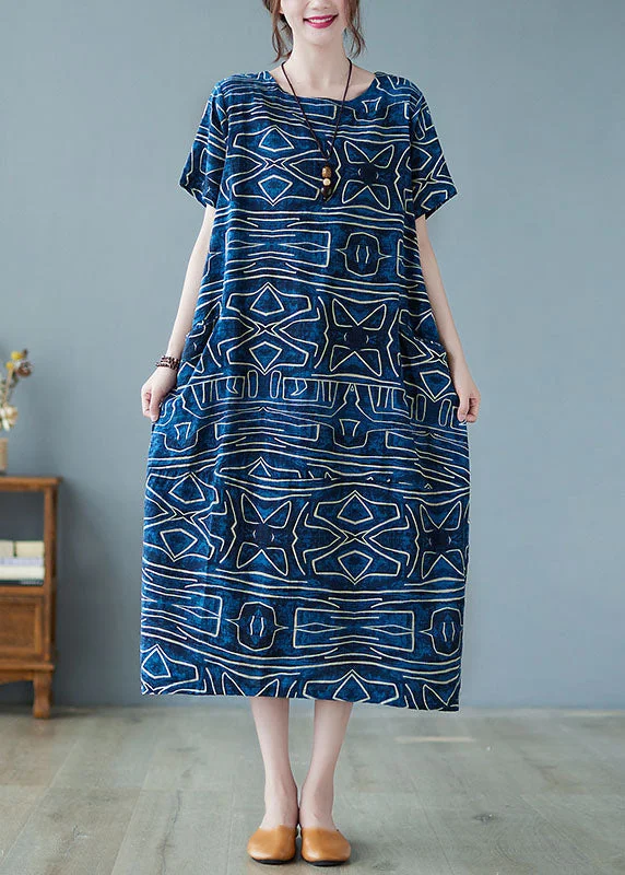 maxi dresses with sequined detailsItalian Blue O-Neck Geometric Print Pockets Cotton Maxi Dress Short Sleeve