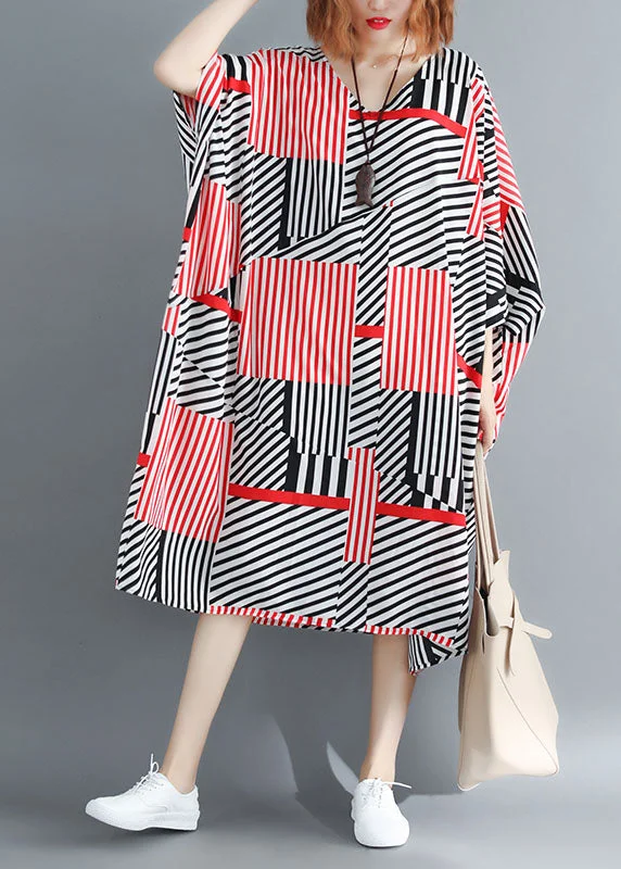 maxi dresses with sweetheart necksFitted Black Red Striped Oversized Chiffon Maxi Dresses Batwing Sleeve