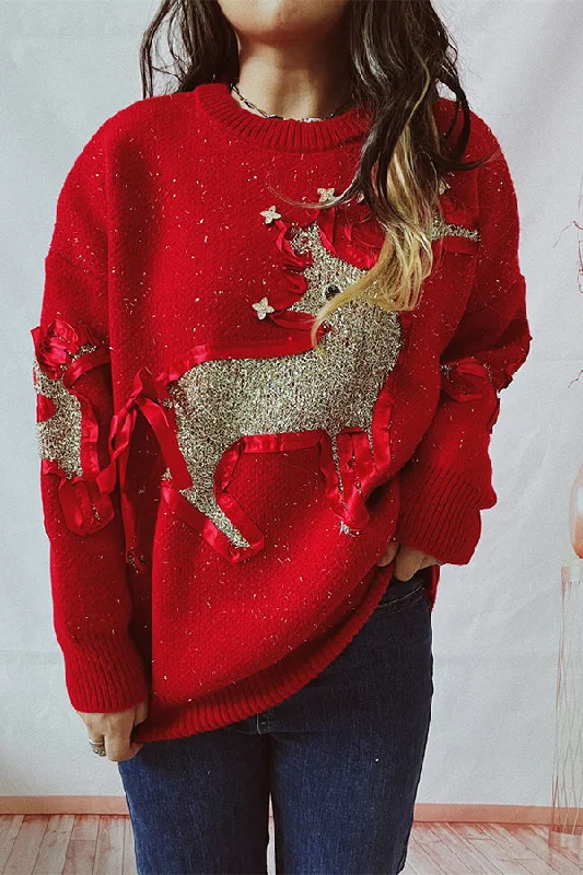 women's stylish topsChristmas Pattern Knitted Crew Neck Long Sleeved Sweater