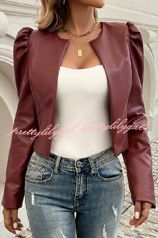 women's tops for casual FridaysYelissa Faux Leather Statement Long Sleeve Open Front Crop Jacket