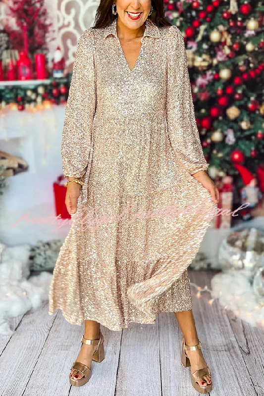 midi dresses with pocketsChristmas Elegant Sequin Long Sleeve V Neck Midi Dress