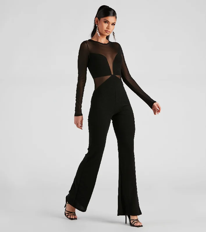 women's jumpsuits with V-necksStole The Night Glitter Mesh Jumpsuit