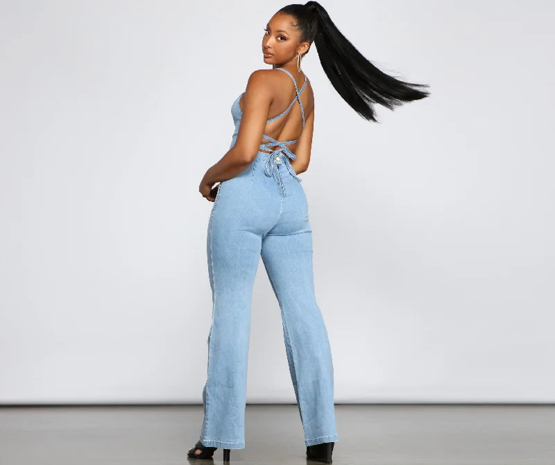 women's jumpsuits with striped patternsRetro Icon Lace Up Denim Jumpsuit