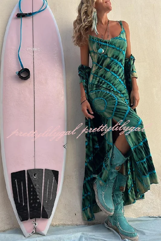 high-low midi dressesBoho Fashion Tie-dye Print Cowl Neck Stretch Slit Midi Dress