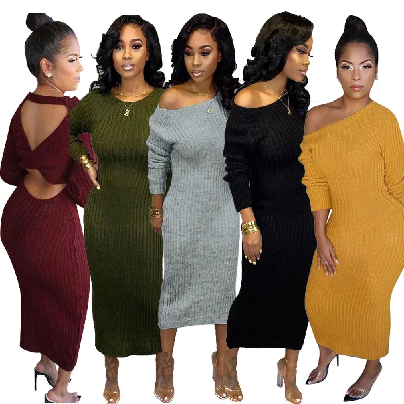 midi bodycon dresses91012-MX100 autumn winter knitting long sleeve midi maxi dresses ladies