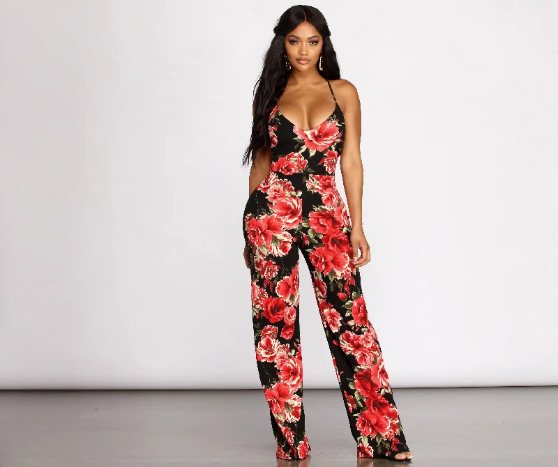 women's jumpsuits with high necksBe Mine Floral Sleeveless Jumpsuit