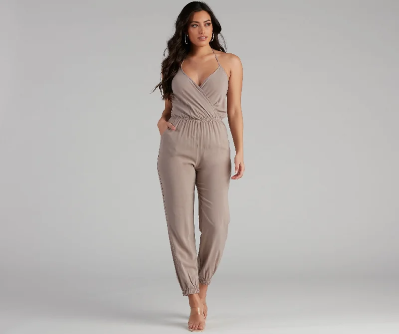 women's jumpsuits with self-ties at the waistPlunging Into Basics Surplice Jumpsuit