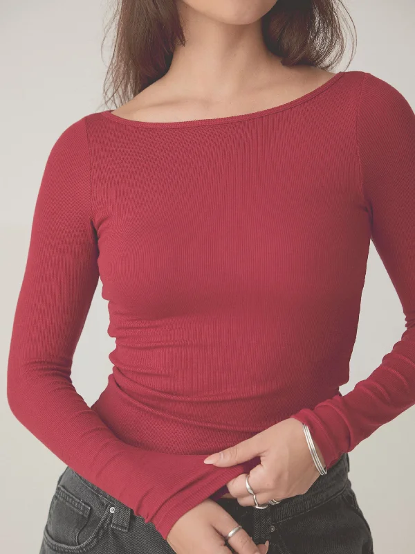 women's tops for those who want to add a touch of elegance and sophistication to their everyday wearRibbed Boat Neck Braless Long Sleeve