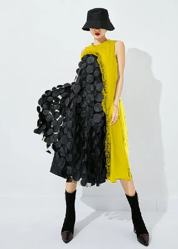 maxi dresses with rufflesBohemian Yellow-Black Dot Asymmetrical Patchwork Wrinkled Tulle Maxi Dress Sleeveless