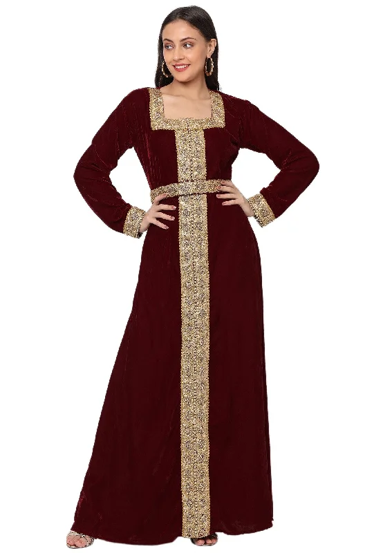 maxi dresses with high slitsDesigner Gown In Velvet Long Sleeve Maxi in Maroon Velvet