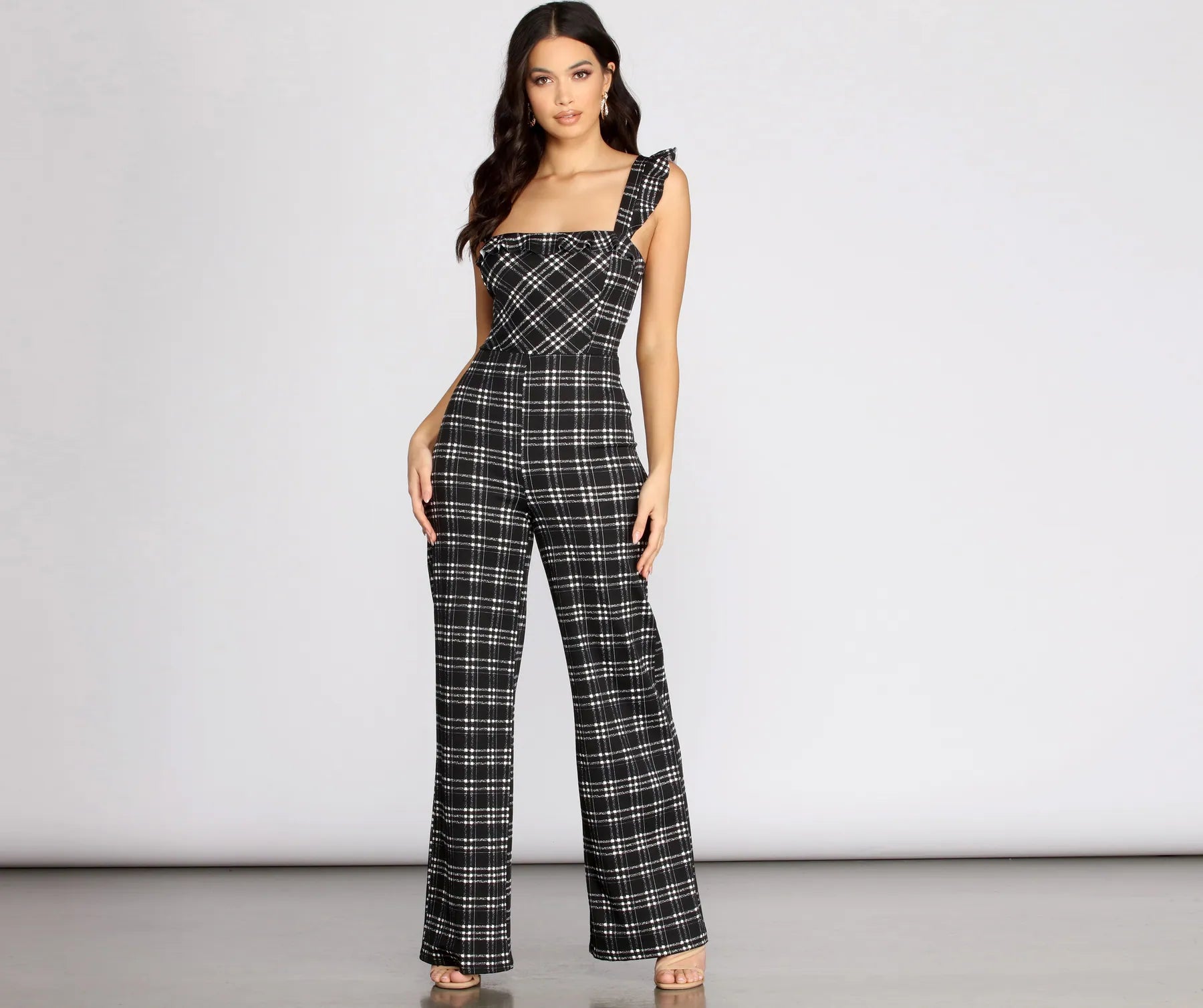 women's jumpsuits with cinched waistsTime To Play Ruffle Plaid Jumpsuit