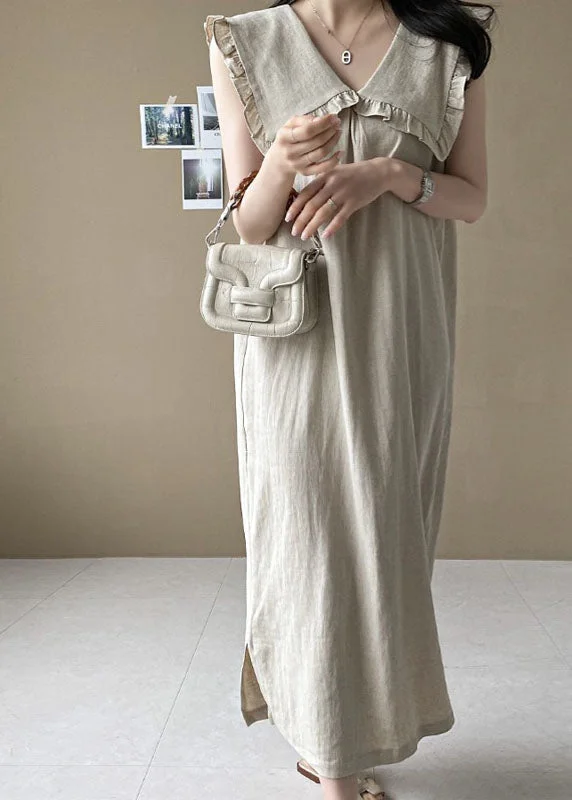 maxi dresses for autumnPlus Size Beige Oversized Ruffled Side Open Linen Maxi Dress Sleeveless