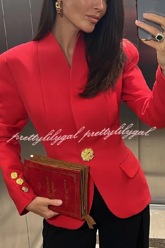 women's tops for those who love bold and vibrant colorsClassic Luxury Unique Metal Button Stand Collar Long Sleeve Jacket