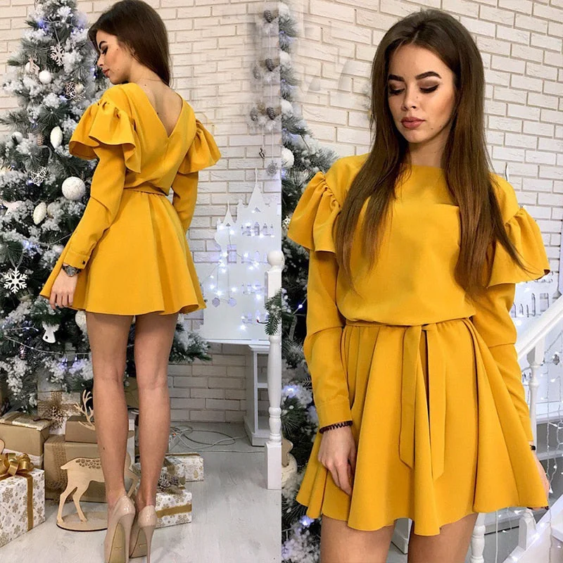 cute and flirty Mimi dresses for a playful touchWomen Sexy Sashes Ruffles A-line Party Dress Butterfly Sleeve O-Neck Solid Dress 2019 New Fashion Casual Mini Women Dresses