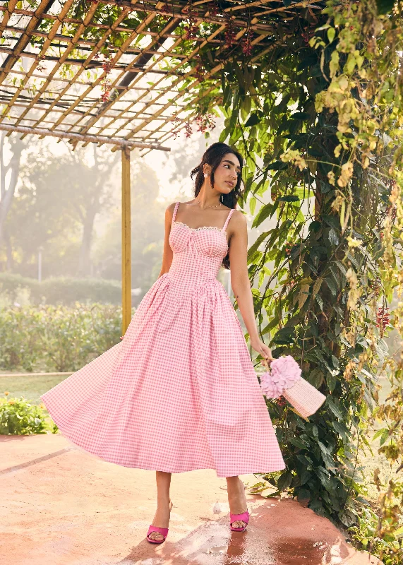 midi ball gown dressesAlaya Pink and White Midi Corset Dress