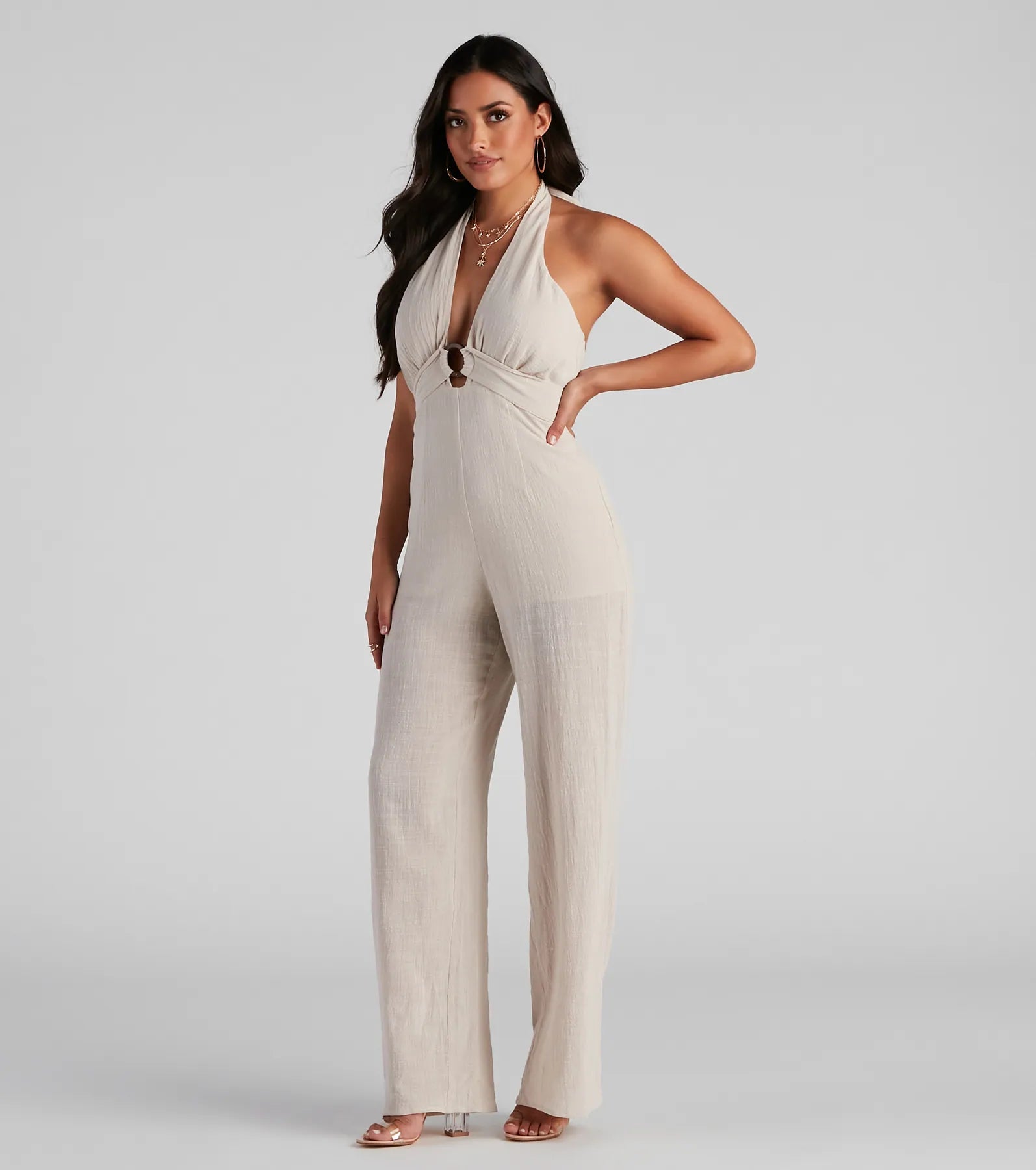 women's jumpsuits for pear-shaped bodiesAll It Takes Linen Halter Jumpsuit