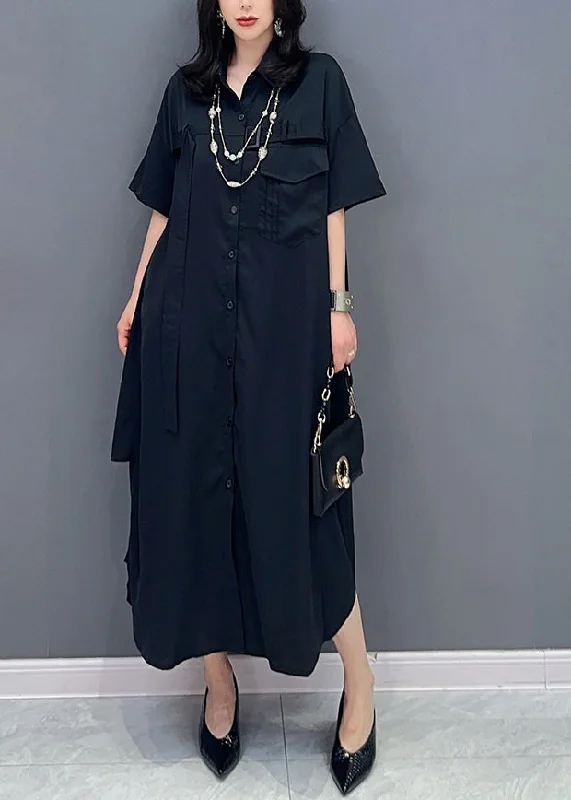 maxi dresses for bridesmaidsStyle Black Peter Pan Collar Button Solid Maxi Shirts Dress Summer