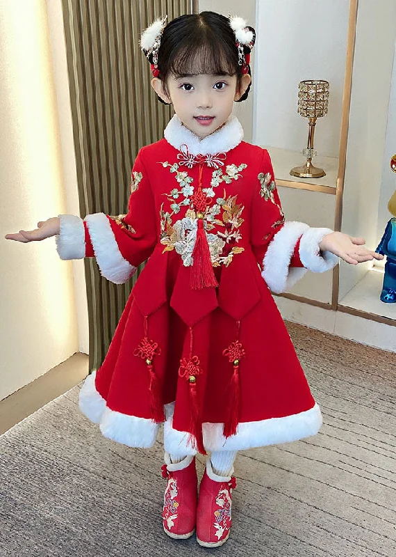 maxi dresses for garden partiesRed Embroideried Fur Collar Thick Kids Maxi Dresses Long Sleeve