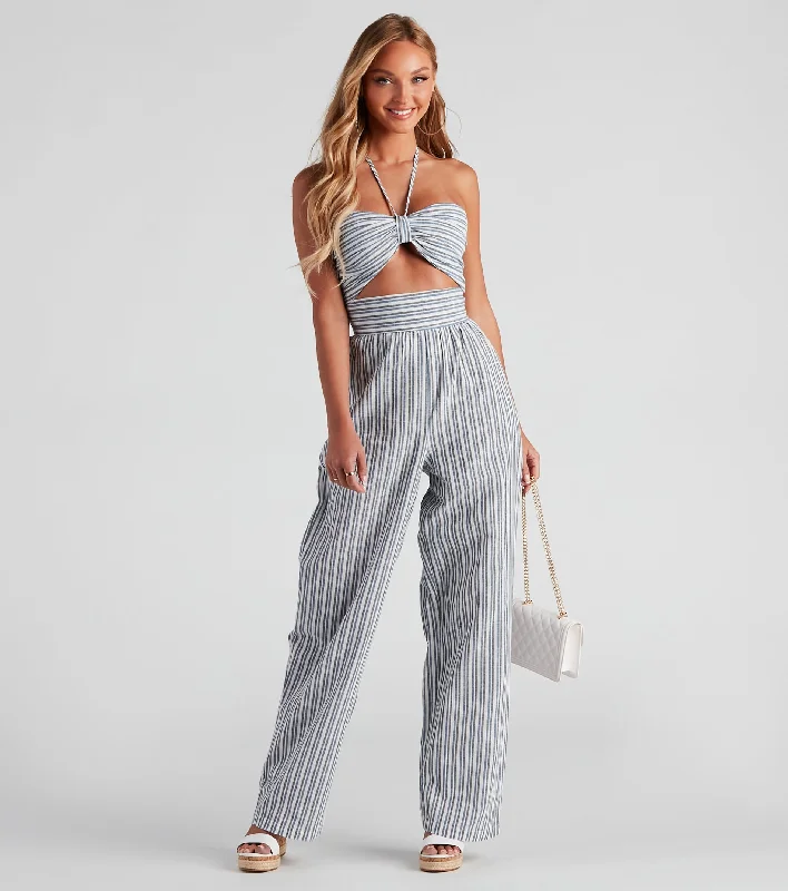 women's jumpsuits for apple-shaped bodiesSeasonal Stripe Halter Linen Jumpsuit