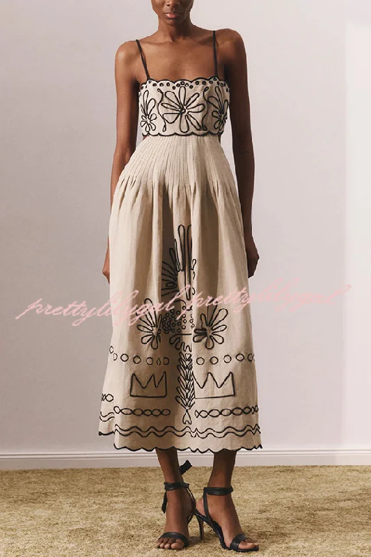 stretchy midi dressesFeeling Special Linen Blend Unique Print Petal Edge Pocketed Slip Midi Dress