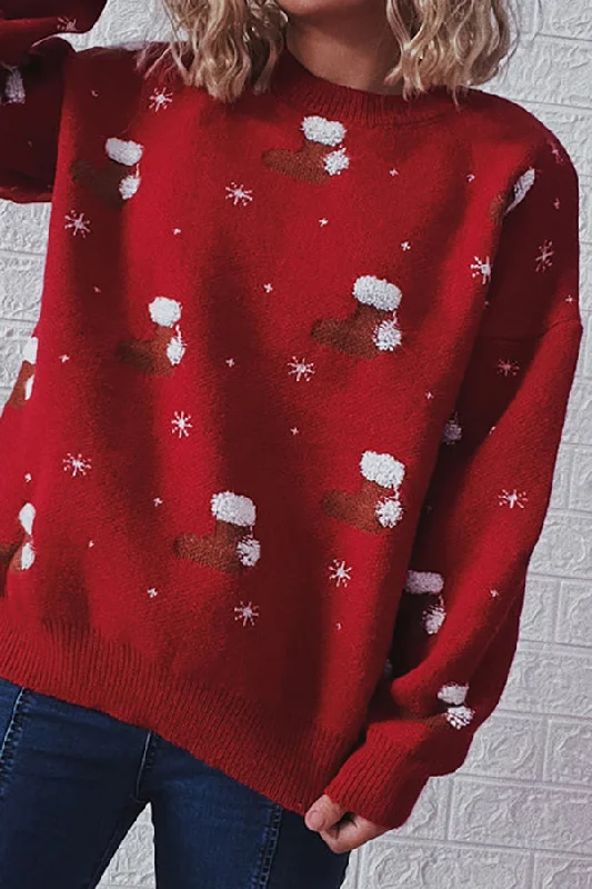 women's tops for those who want to wear pieces that are both functional and fashionableChristmas Pattern Knitted Crew Neck Long Sleeved Sweater