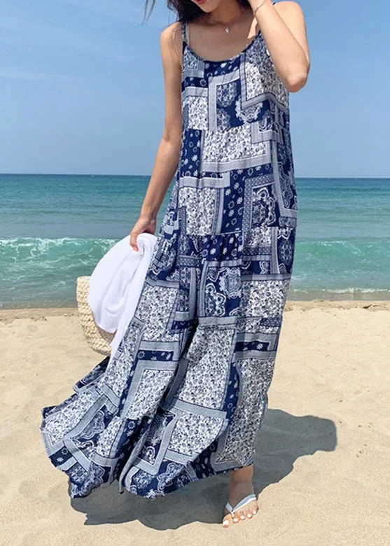 maxi dresses with halter necksBohemian Women Sleeveless O-Neck Printed Maxi Tank Dress Floral Blue