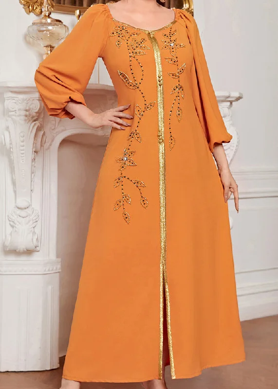 striped maxi dressesChic Orange Square Collar Embroideried Lace Patchwork Silk Maxi Vacation Dresses Long Sleeve