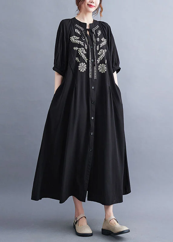 maxi dresses for officeFashion Black Embroideried Lace Up Cotton Maxi Dress Summer