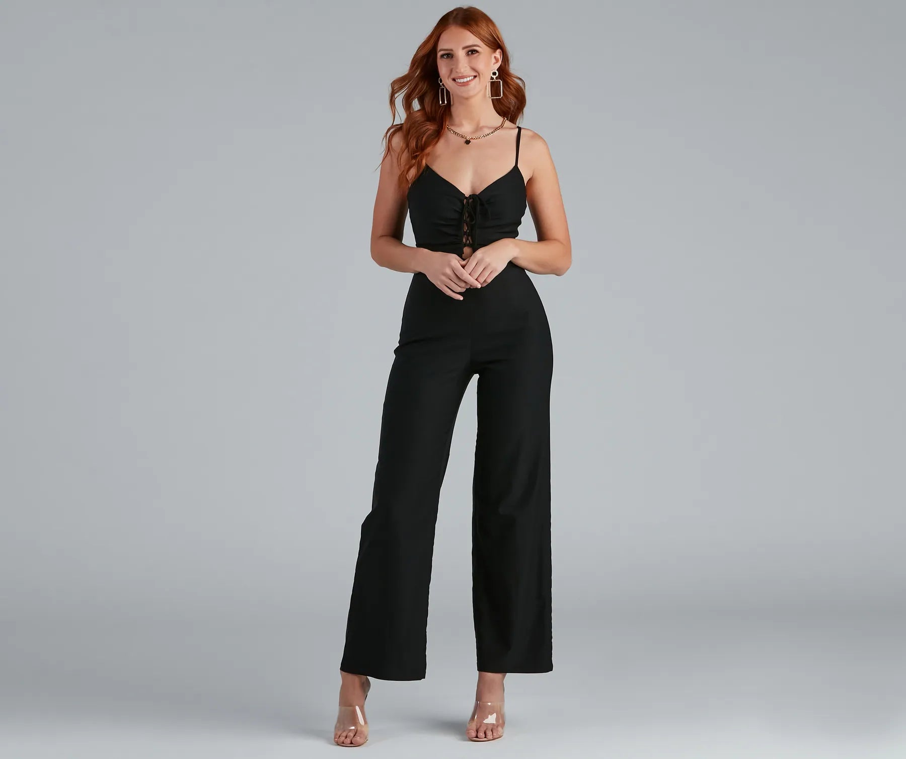 women's jumpsuits for effortless eleganceOne And Done Lattice Front Jumpsuit