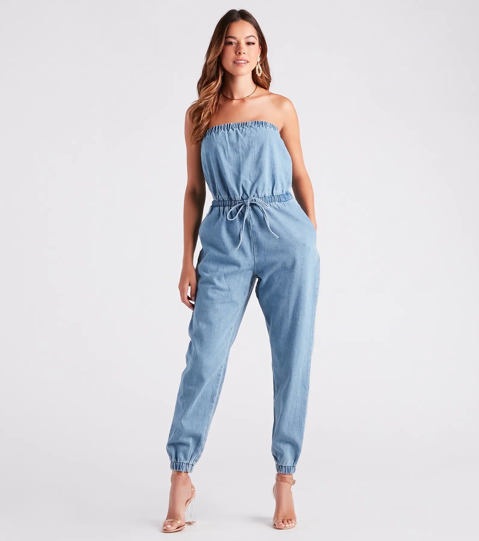 women's jumpsuits with pocketsFit Check Strapless Denim Jogger Jumpsuit