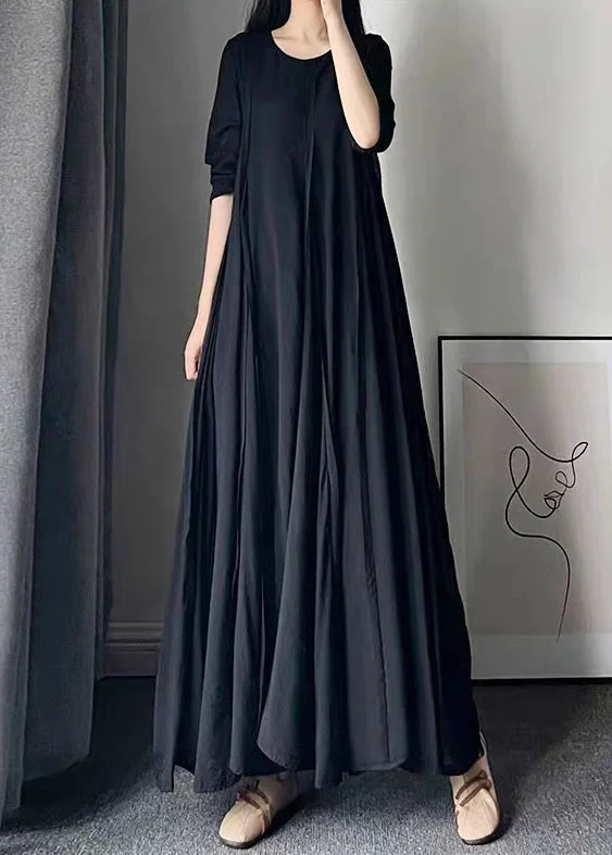 maxi dresses for special occasionsModern Black O Neck Wrinkled Patchwork Cotton Maxi Dresses Fall