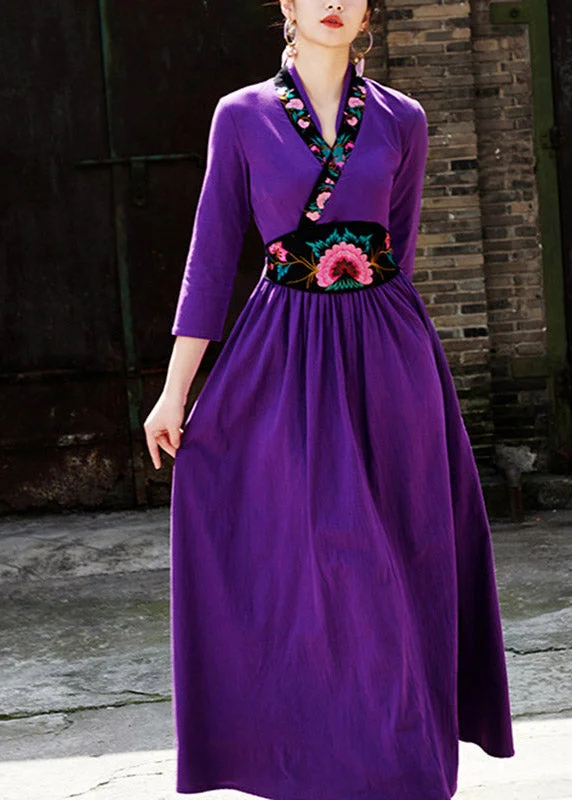 maxi dresses with off-the-shoulder necksElegant Purple V Neck Embroideried Floral Zippered Wrinkled Maxi Dresses Fall