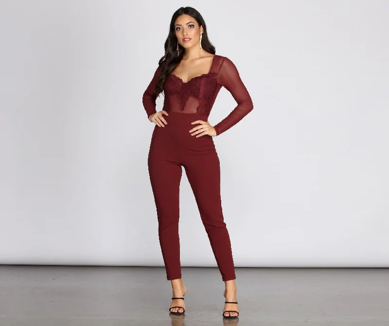 women's jumpsuits for business meetingsUnder The Mistletoe Lace Jumpsuit