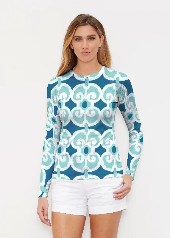 women's tops for smart casual looksLinks Navy Aqua (8133) ~ Long Sleeve Rash Guard