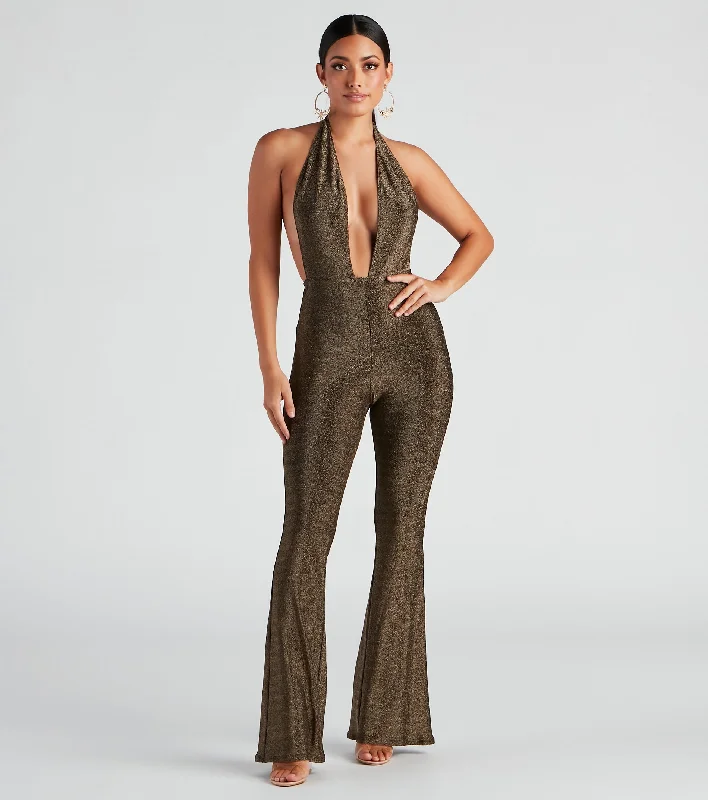 women's jumpsuits with rufflesEnticing Love Glitter Halter Jumpsuit