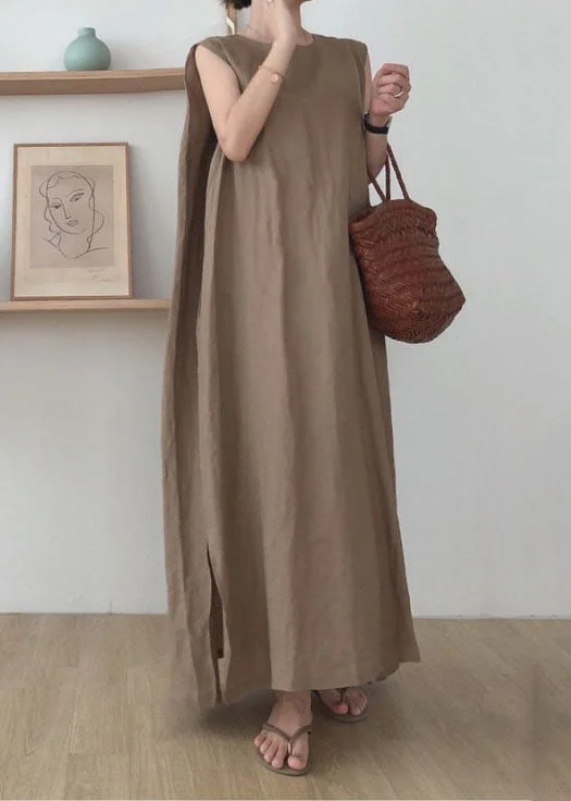 maxi dresses for college studentsSimple Coffee O Neck Patchwork Cotton Maxi Dress Sleeveless