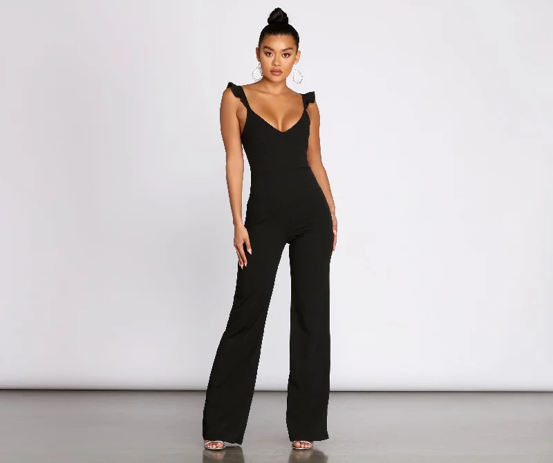 women's jumpsuits made of satinRuffle Mode Sleek Jumpsuit